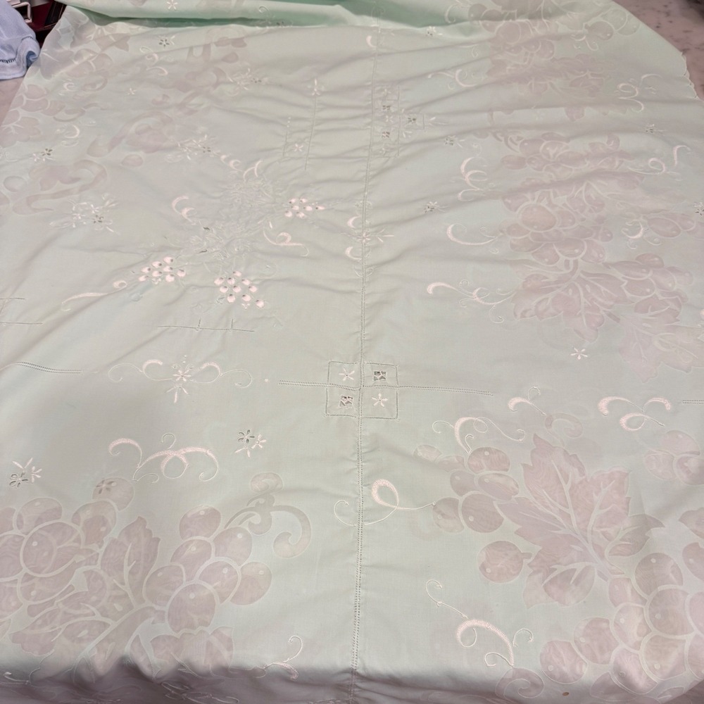 Vintage Embroidered Tablecloth Grapes Floral Mint Green 84 x 70